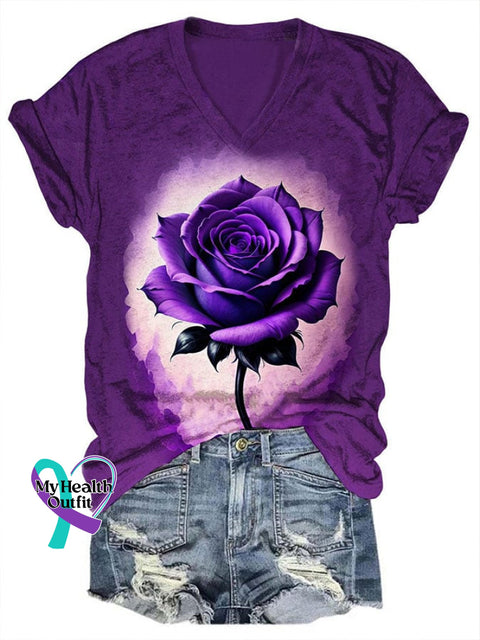Women’s Alzheimer’s Awareness Purple Rose Print V-Neck T-Shirt / S