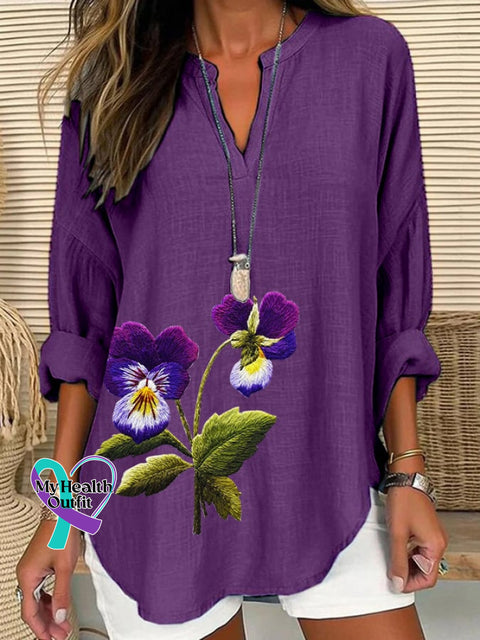 Women’s Alzheimer’s Floral Print Casual Long Sleeve V-Neck Shirt Purple / S