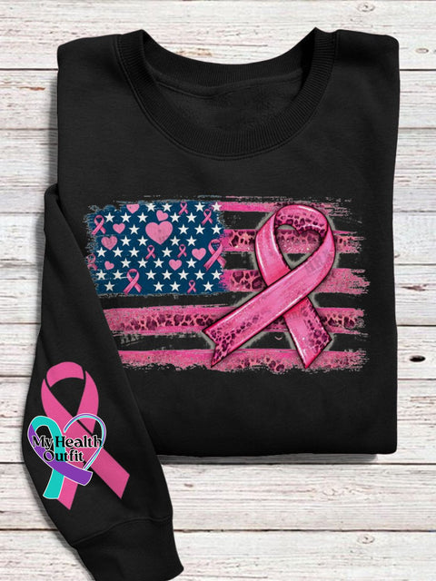 Women’s American Flag And Cancer Ribbon Awareness Print Casual Sweatshirt Black / S