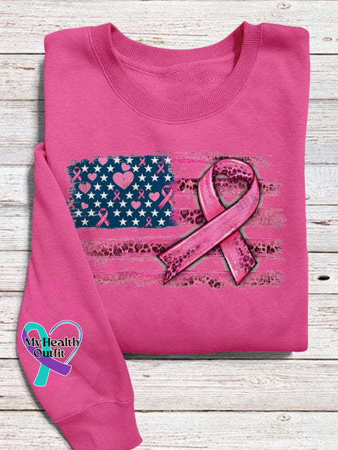 Women’s American Flag And Cancer Ribbon Awareness Print Casual Sweatshirt Pink / S