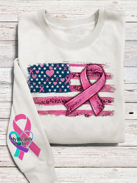 Women’s American Flag And Cancer Ribbon Awareness Print Casual Sweatshirt White / S