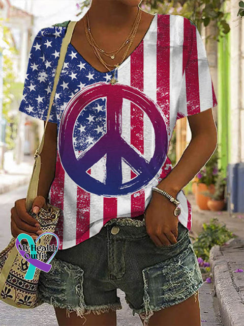 Women’s American Flag Peace And Love Pattern Art Print V-neck Casual T-Shirt Multicolor / S