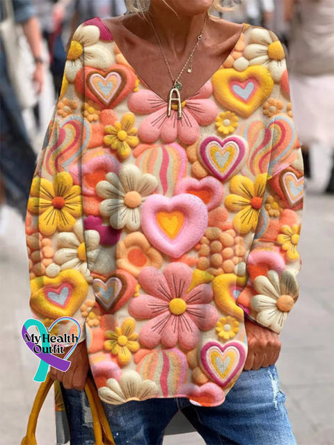 Women’s Art Print Casual V-Neck Sweatshirt Multicolor / S