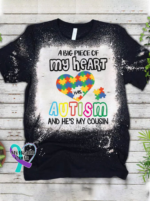 Women’s Autism Awareness A BIG PIECE OF my heart HAS AUTISM AND HE’S MY COUSIN Print Casual T-Shirt Black / S