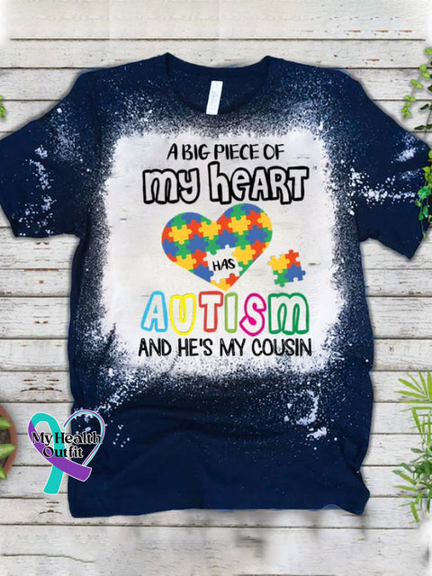 Women’s Autism Awareness A BIG PIECE OF my heart HAS AUTISM AND HE’S MY COUSIN Print Casual T-Shirt Navy / S