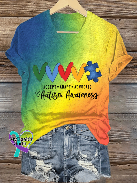 Women’s Autism Awareness¡°Autism Accept Adapt Advocate¡± Print Contrast T-shirt Colorful / S