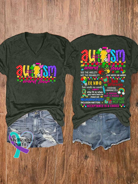 Women’s Autism Awareness Be Kind V-neck Casual T-Shirt Green / S