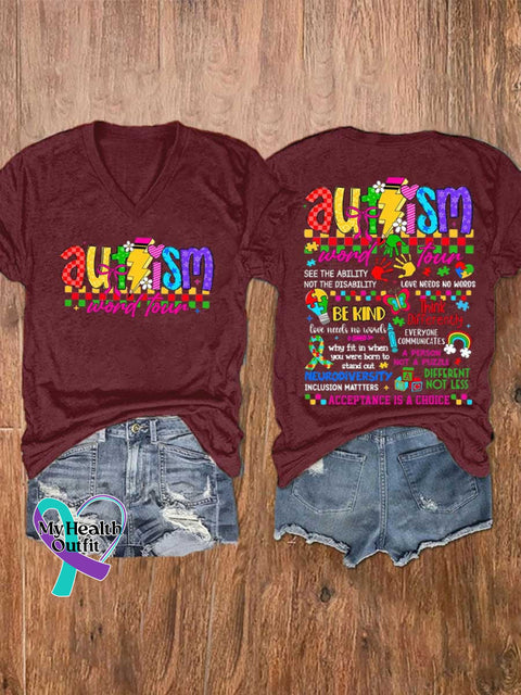 Women’s Autism Awareness Be Kind V-neck Casual T-Shirt Red / S