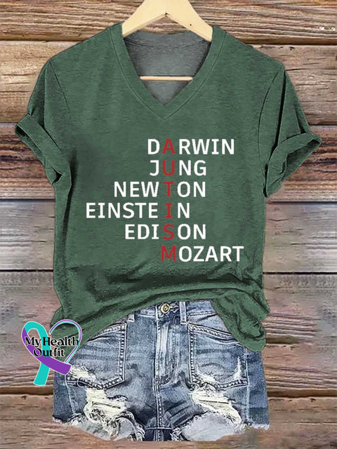 Women’s Autism Awareness Flag Printing V-neck Casual T-Shirt Green / S