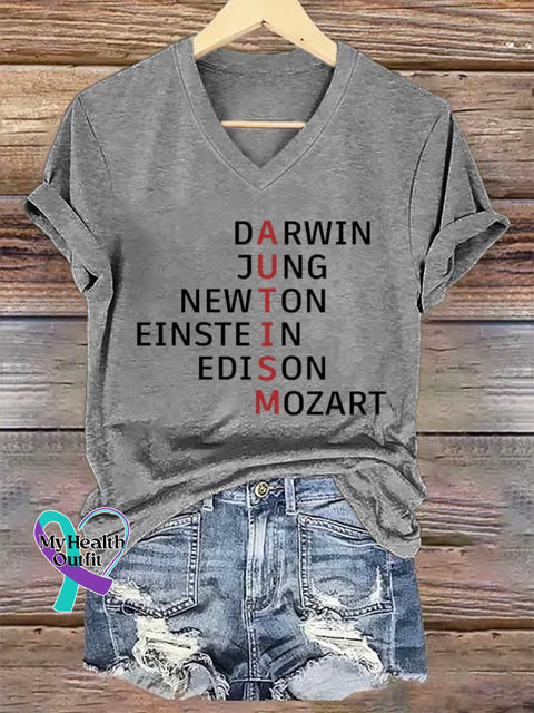 Women’s Autism Awareness Flag Printing V-neck Casual T-Shirt Grey / S