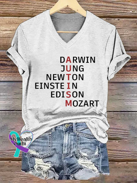 Women’s Autism Awareness Flag Printing V-neck Casual T-Shirt White / S