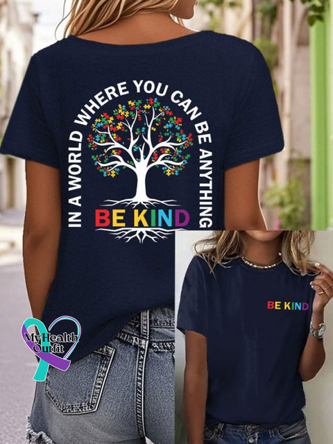 Womens Autism Awareness Please Be Kind Printed Casual T-Shirt Navy / S