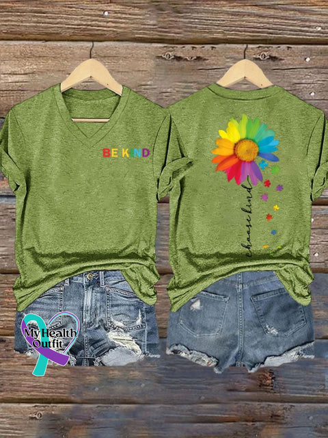 Womens Autism Awareness Please Be Kind Printed V Neck T-Shirt Green / S
