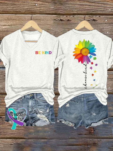 Womens Autism Awareness Please Be Kind Printed V Neck T-Shirt White / S