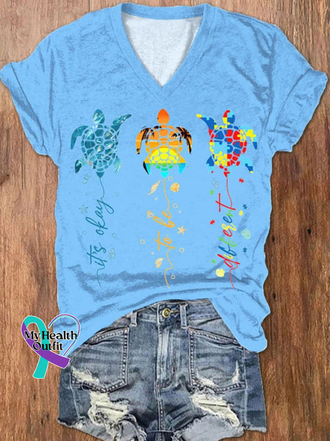 Women’s Autism Awareness Printed Casual V-Neck T-Shirt Sky Blue / S