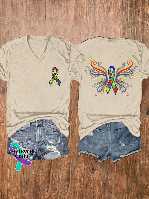 Women’s Autism Awareness Ribbon Wing V-neck Casual T-Shirt