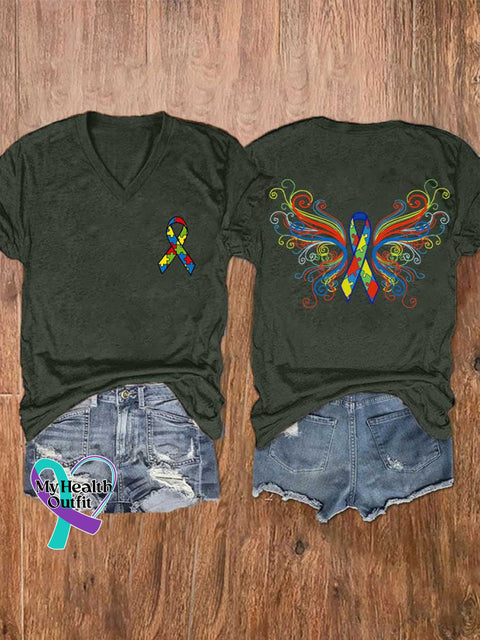 Women’s Autism Awareness Ribbon Wing V-neck Casual T-Shirt