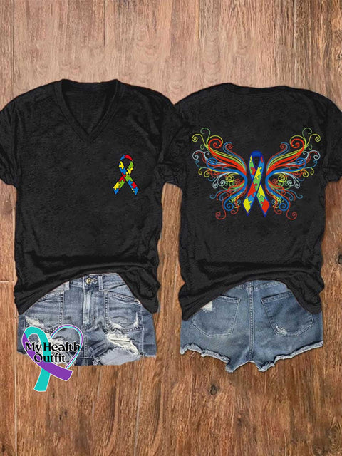 Women’s Autism Awareness Ribbon Wing V-neck Casual T-Shirt Black / S