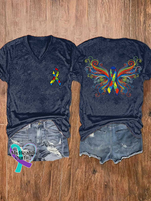 Women’s Autism Awareness Ribbon Wing V-neck Casual T-Shirt Blue / S