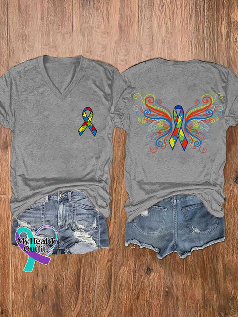 Women’s Autism Awareness Ribbon Wing V-neck Casual T-Shirt Grey / S