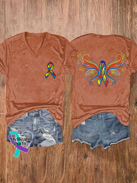 Women’s Autism Awareness Ribbon Wing V-neck Casual T-Shirt Orange / S