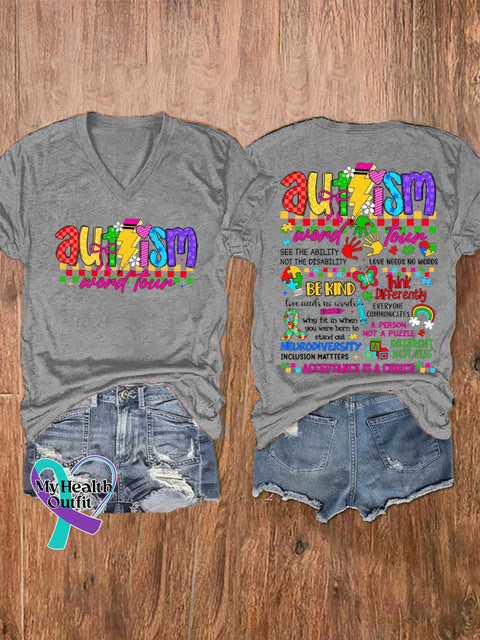 Women’s Autism Awareness Ribbon Wing V-neck Casual T-Shirt Sand / S