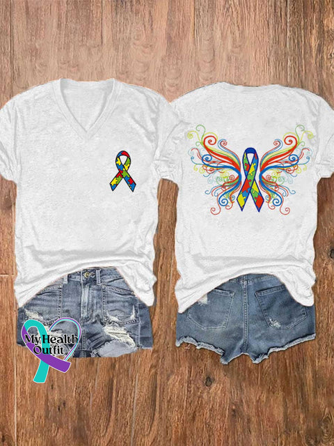 Women’s Autism Awareness Ribbon Wing V-neck Casual T-Shirt White / S