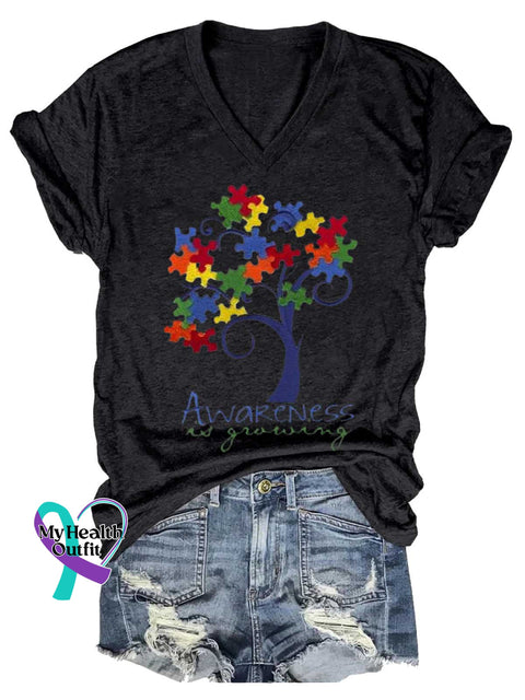 Women’s Autism Awareness V-neck Casual T-Shirt Black / S