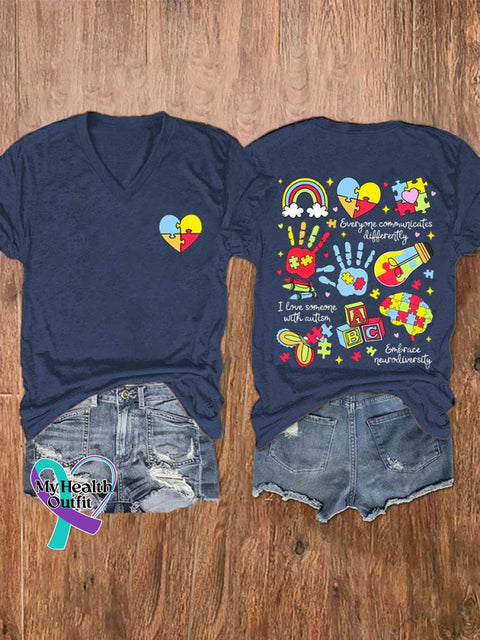 Women’s Autism Awareness V-neck Casual T-Shirt Blue / S