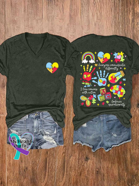 Women’s Autism Awareness V-neck Casual T-Shirt Green / S