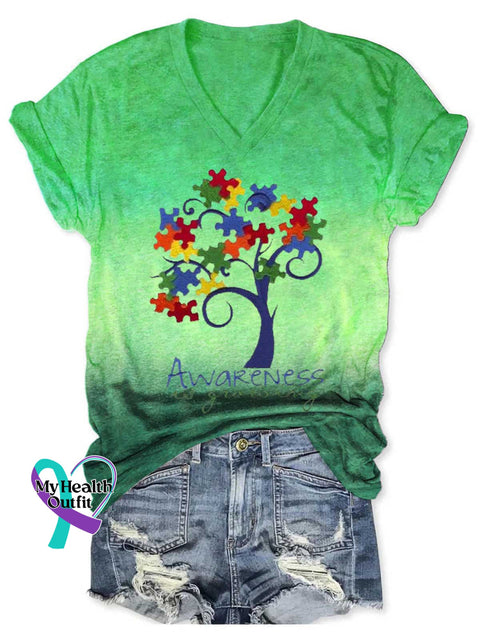 Women’s Autism Awareness V-neck Casual T-Shirt Green / S