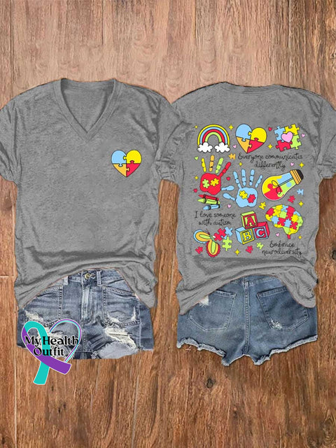 Women’s Autism Awareness V-neck Casual T-Shirt Grey / S