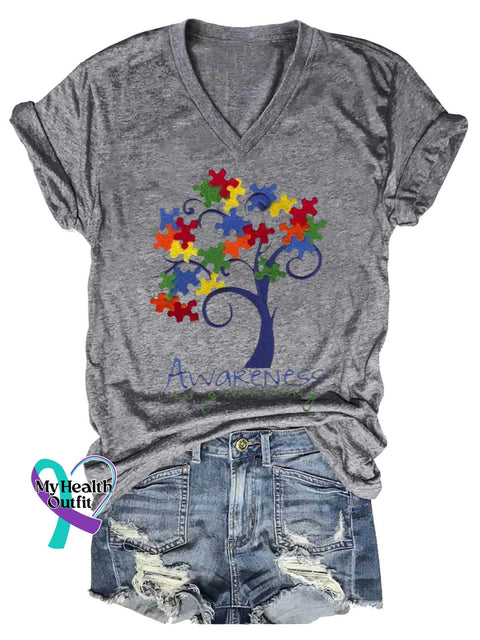 Women’s Autism Awareness V-neck Casual T-Shirt Grey / S