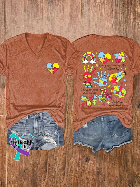 Women’s Autism Awareness V-neck Casual T-Shirt Orange / S
