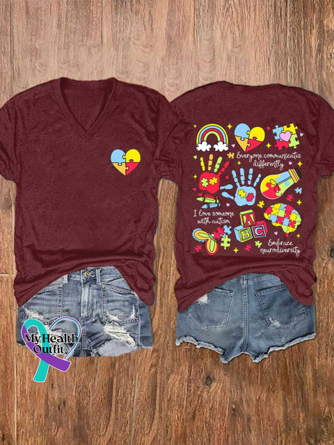 Women’s Autism Awareness V-neck Casual T-Shirt Red / S