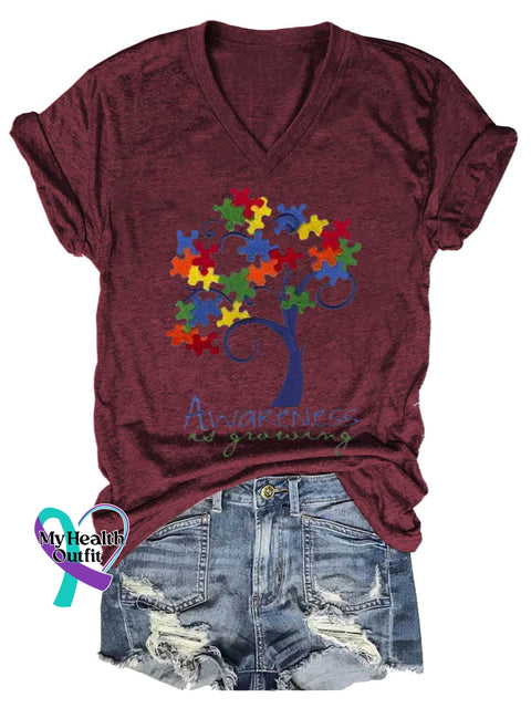 Women’s Autism Awareness V-neck Casual T-Shirt Red / S