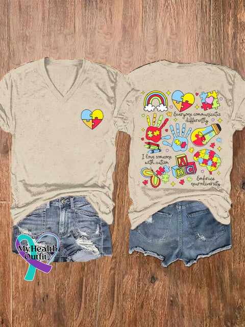Women’s Autism Awareness V-neck Casual T-Shirt Sand / S