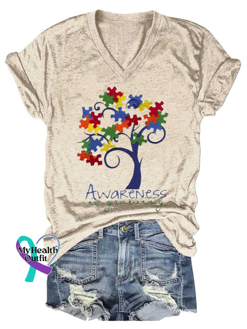 Women’s Autism Awareness V-neck Casual T-Shirt Sand / S