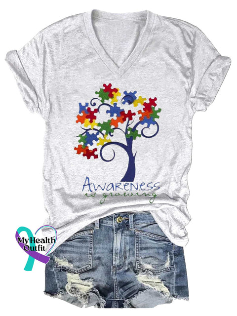 Women’s Autism Awareness V-neck Casual T-Shirt White / S