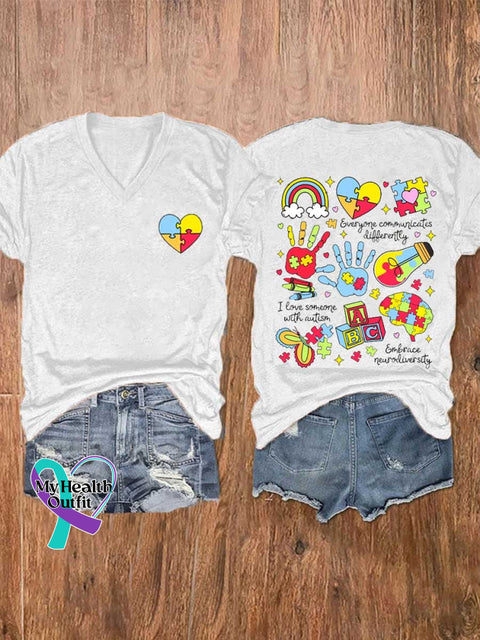 Women’s Autism Awareness V-neck Casual T-Shirt White / S
