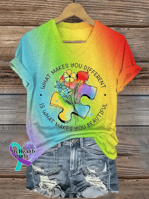 Women’s Autism Awareness ¡°What Makes You Different Makes You Beautiful¡± Rainbow Gradient T Shirt Colorful / S