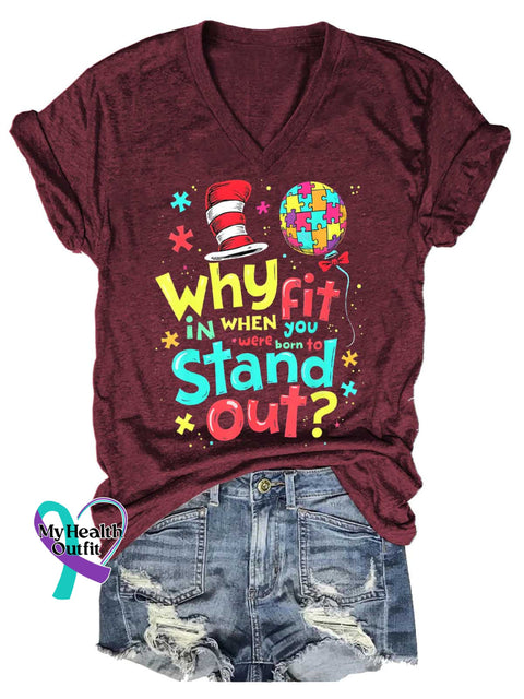 Women’s Autism Awareness Why In When You Were Born To Stand Out V-neck Casual T-Shirt Red / S