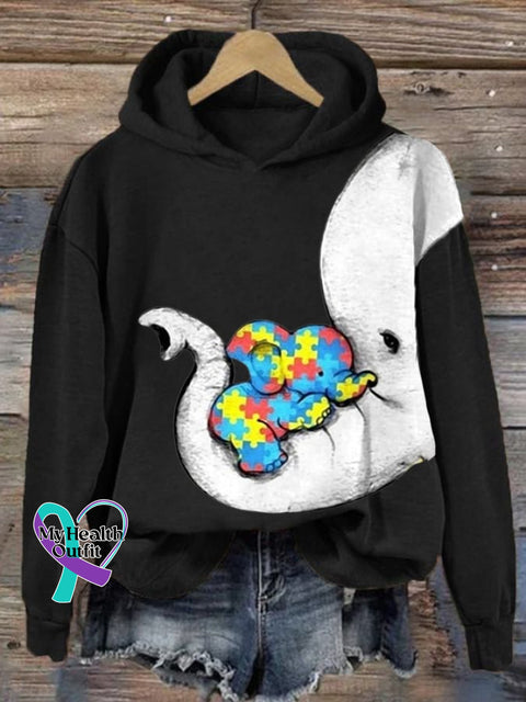 Women’s Autism Elephant And Baby Print Long Sleeve Sweatshirt Black / S