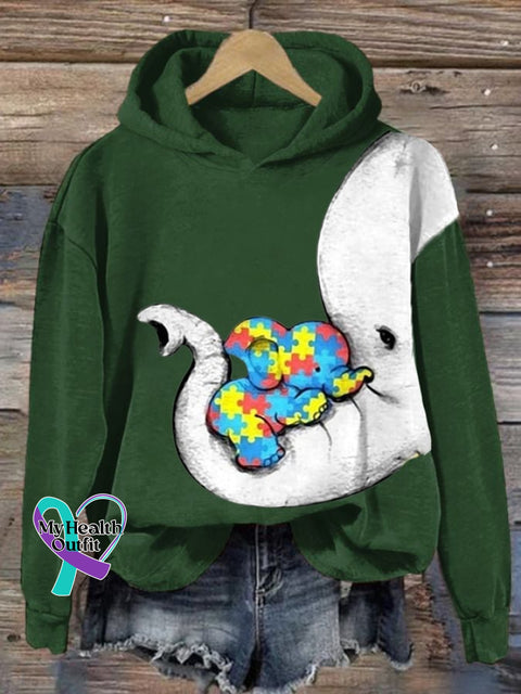 Women’s Autism Elephant And Baby Print Long Sleeve Sweatshirt Green / S