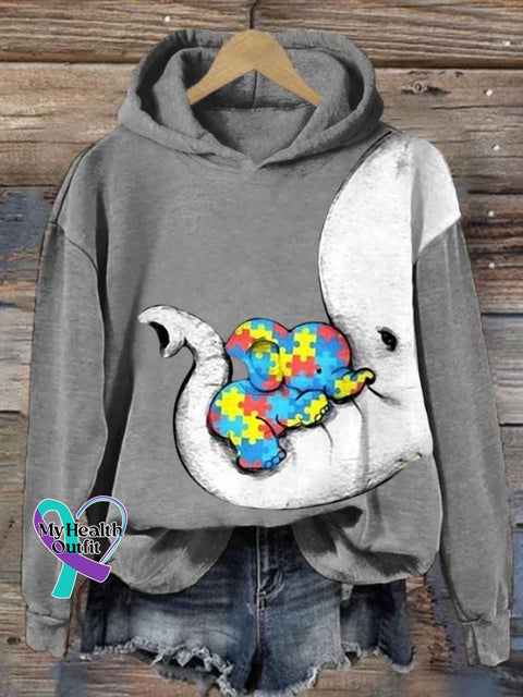 Women’s Autism Elephant And Baby Print Long Sleeve Sweatshirt Light Grey / S