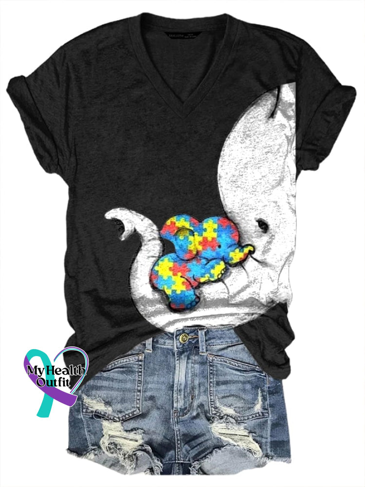 Women’s Autism Elephant And Baby Print T-Shirt Black / S