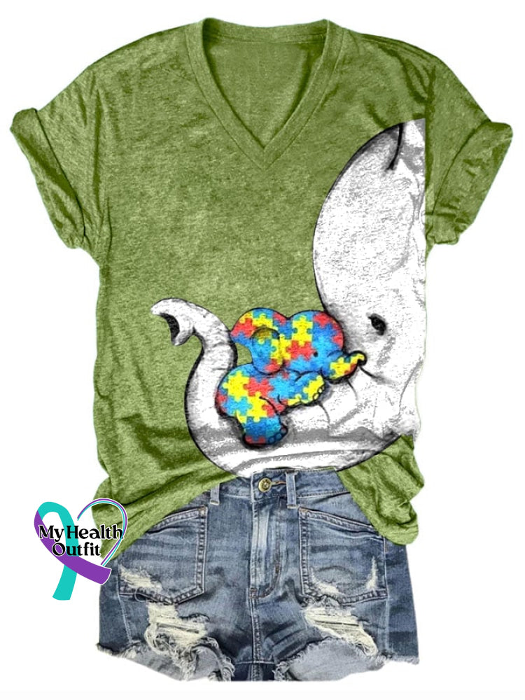 Women’s Autism Elephant And Baby Print T-Shirt Green / S