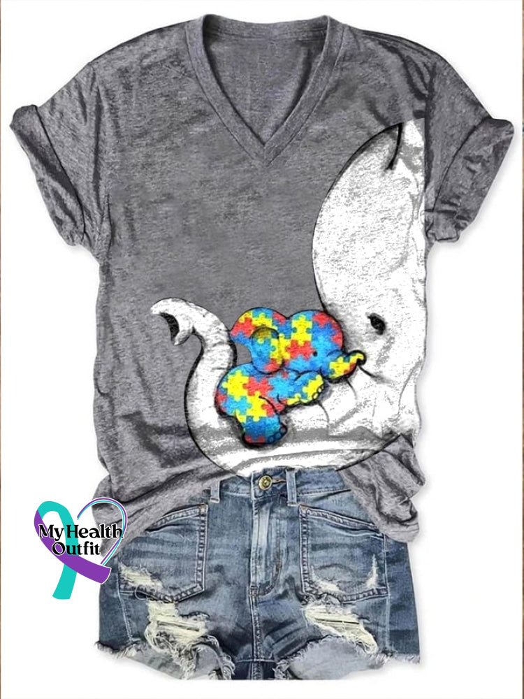 Women’s Autism Elephant And Baby Print T-Shirt Grey / S