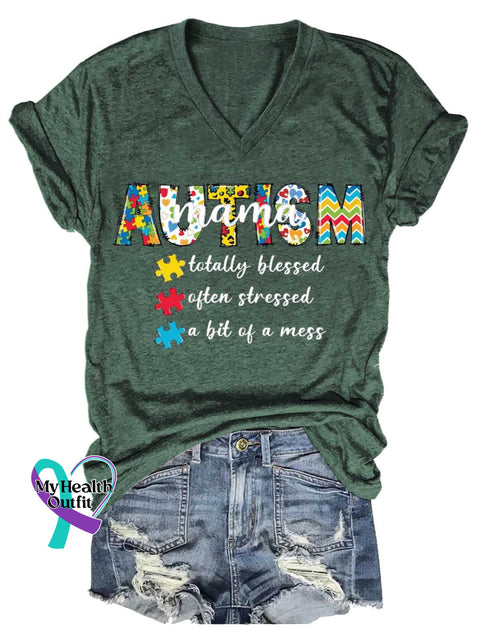 Women’s Autism MAMA Totally Blessed Often Stressed A Bit of A Mess V-neck Casual T-Shirt Green / S