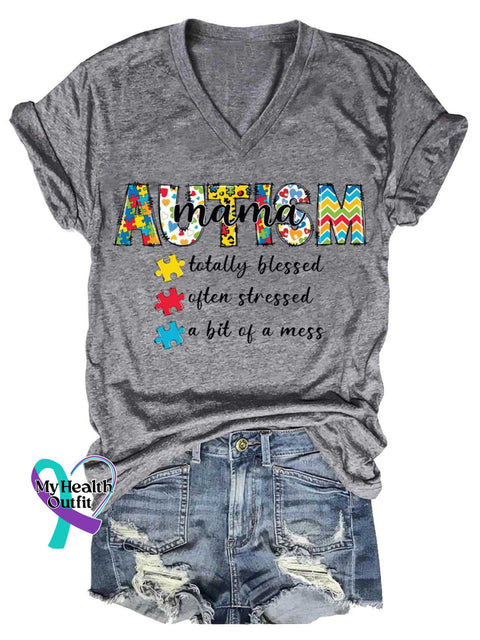 Women’s Autism MAMA Totally Blessed Often Stressed A Bit of A Mess V-neck Casual T-Shirt Grey / S